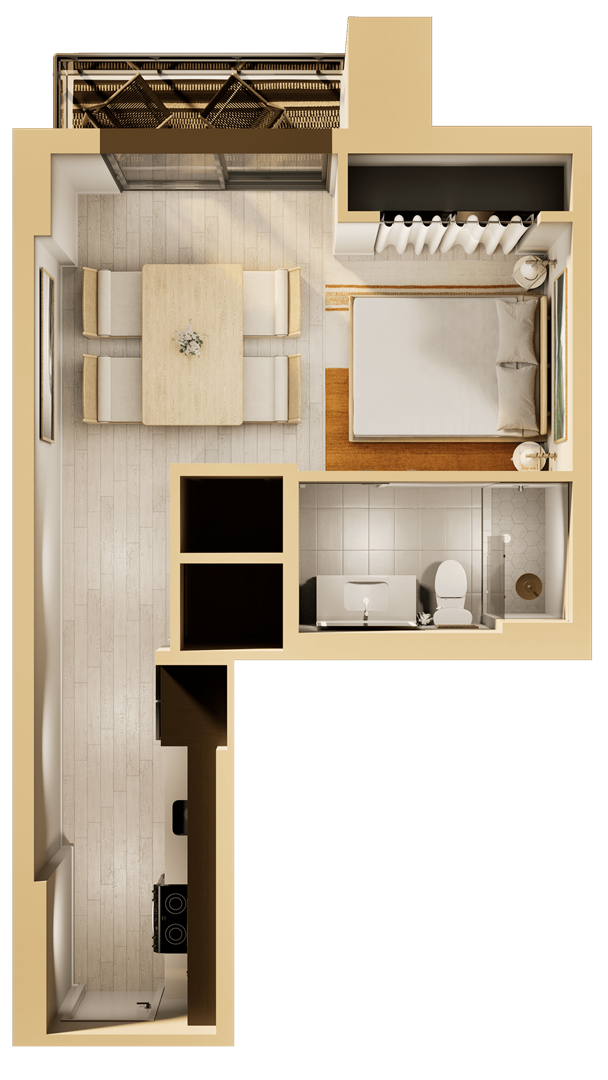 A diagram of a house with a kitchen